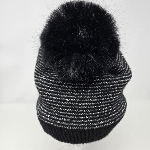 CHICO'S BLACK & METALLIC SILVER STRIPE POM POM BEANIE HAT CAP ACCESSORY WOMEN OS - Picture 5 of 12